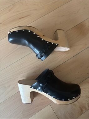 Loeffler Randall Black Leather Braided-Trim Wooden Clogs
